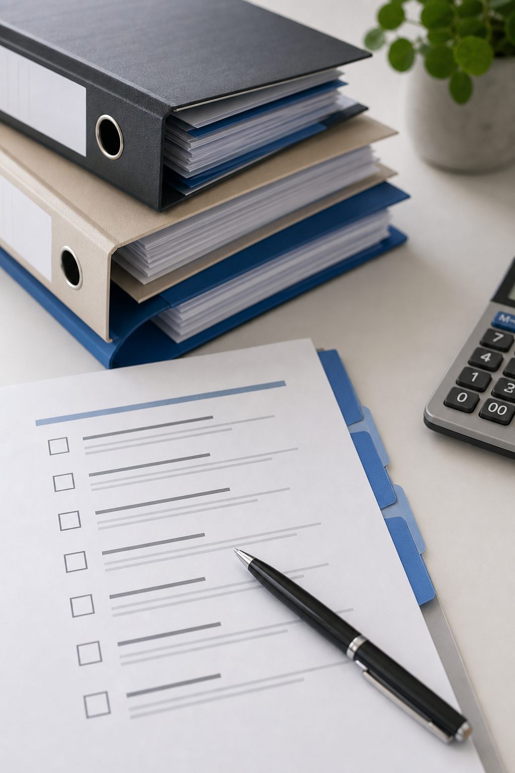 Checklist met pen naast ordners en een rekenmachine voor de maandafsluiting