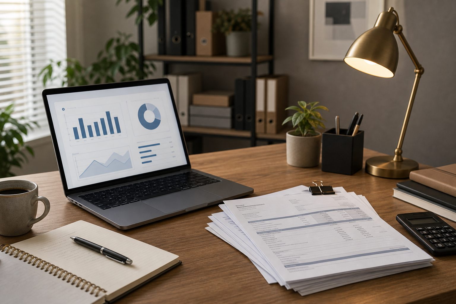 Laptop met financiële grafieken naast facturen, notitieboek en rekenmachine