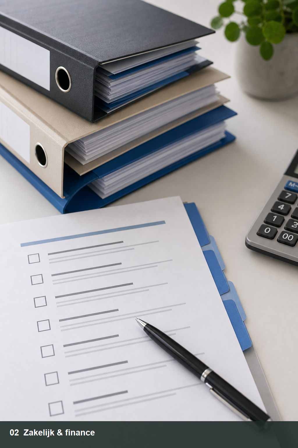 Checklist met pen naast ordners en een rekenmachine voor de maandafsluiting