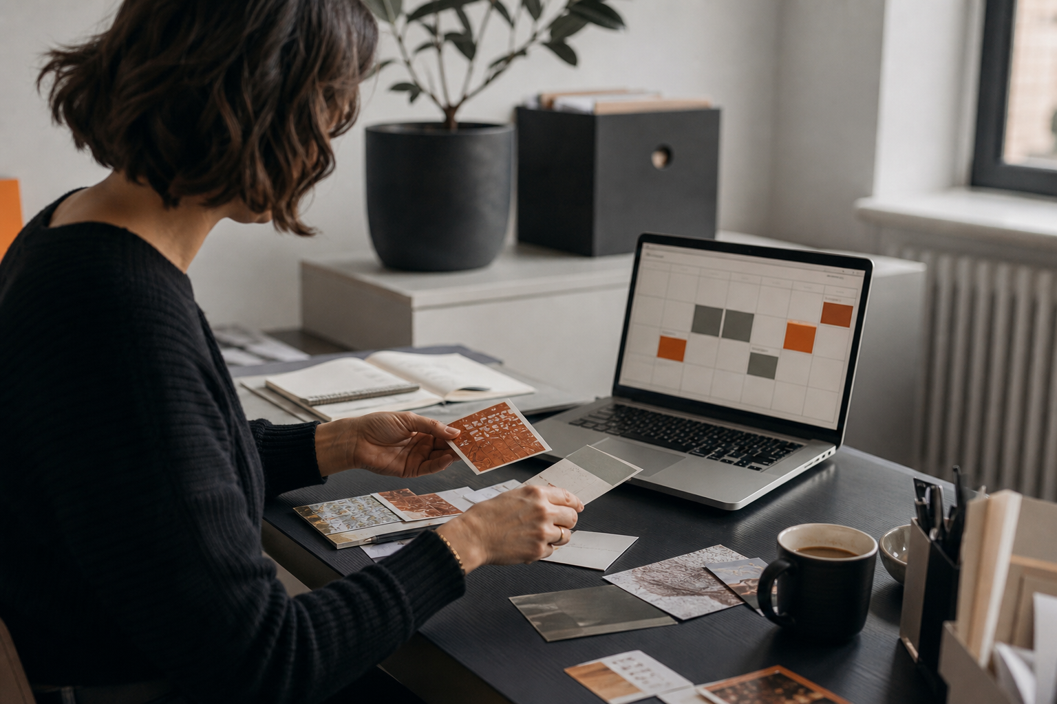 Communicatieprofessional vergelijkt boodschapkaarten naast een laptop met contentplanning